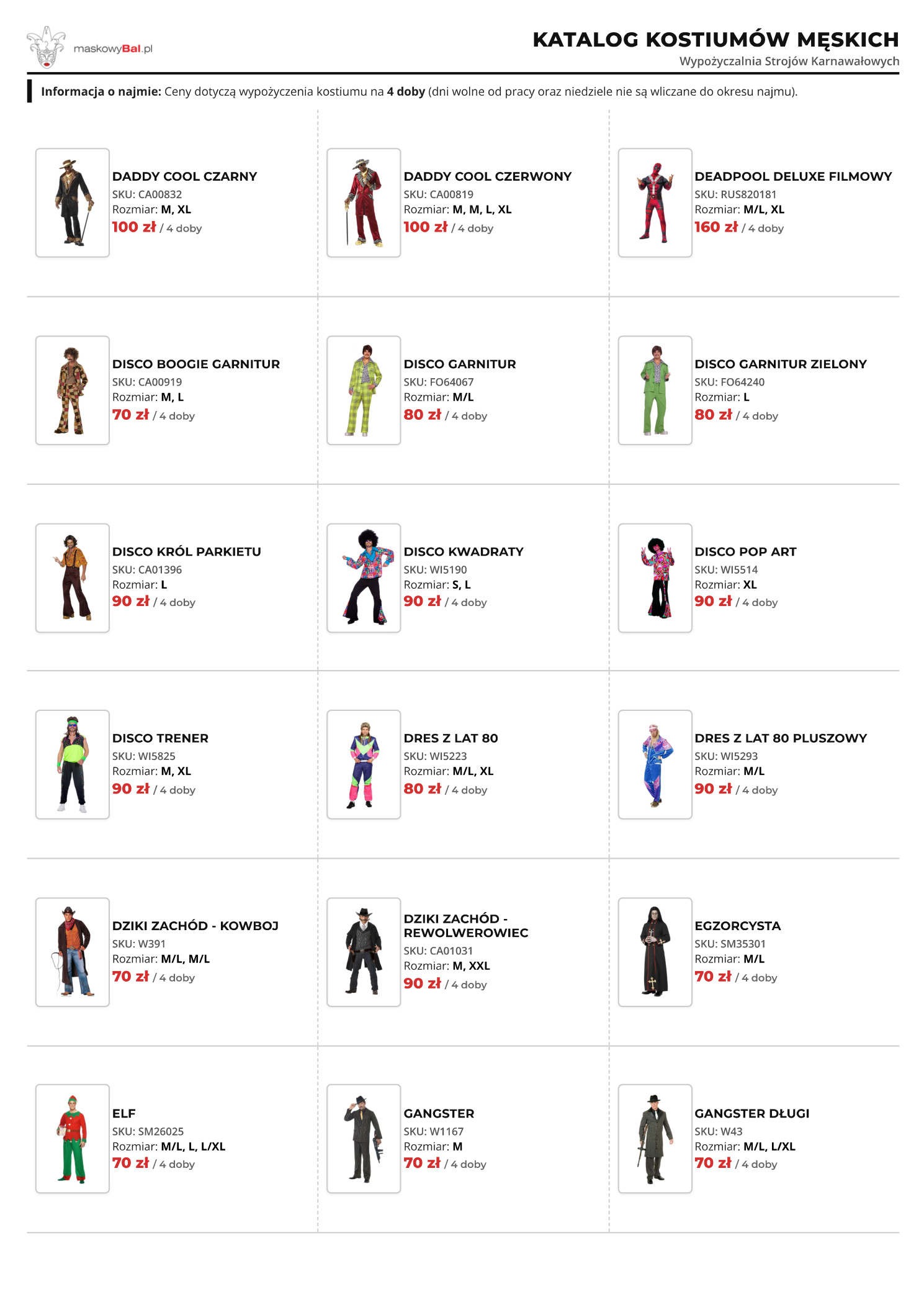 Katalog męski wypożyczalni strojów Maskowy Bal